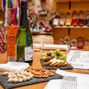 Cava and Spanish snacks served during the espadrille-making workshop in Barcelona