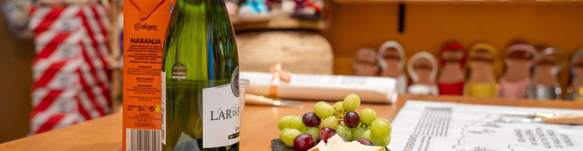 Cava and Spanish snacks served during the espadrille-making workshop in Barcelona